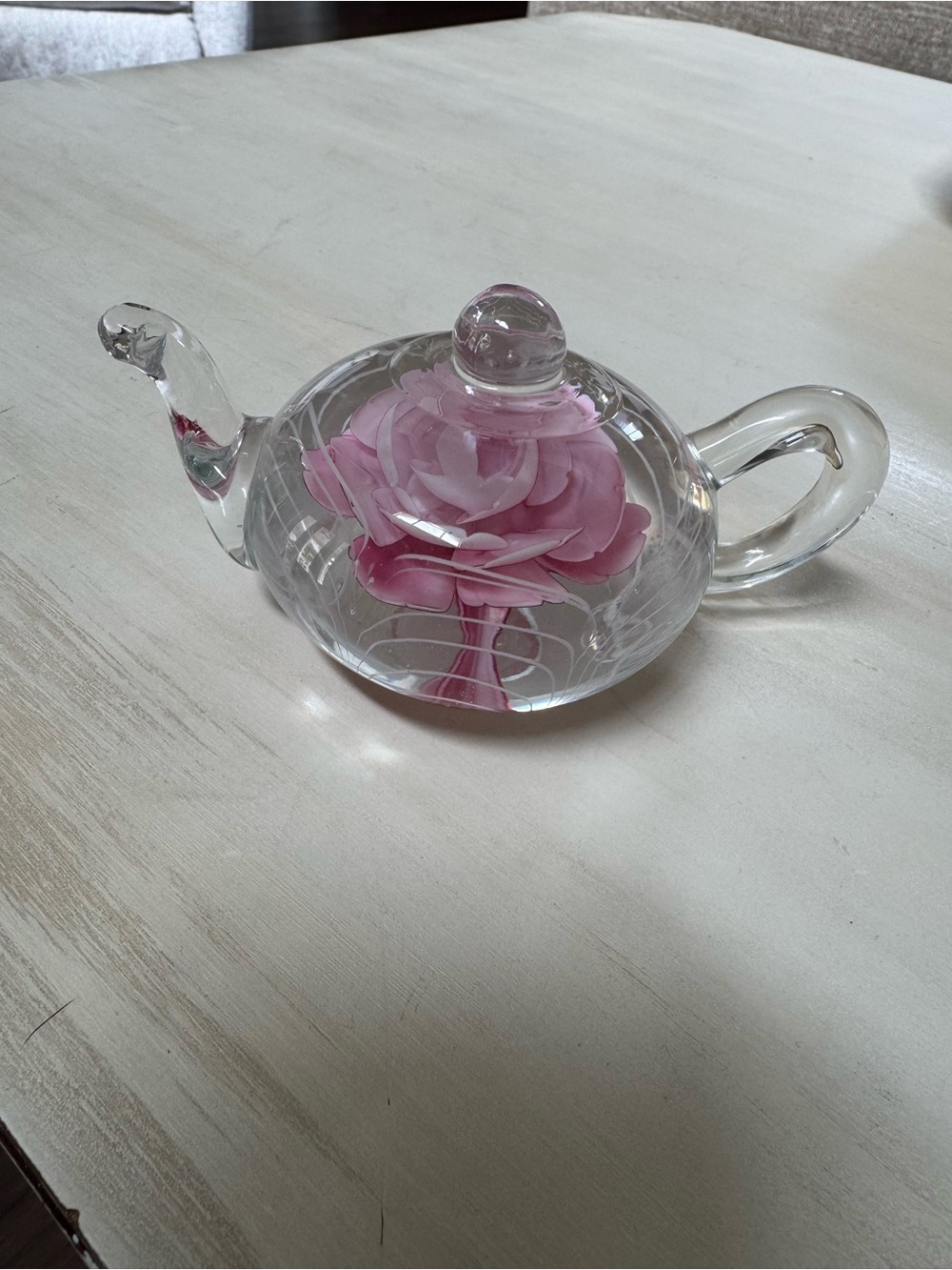 Edinburgh Handblown Glass Teapot Paperweight with Pink Flower vintage